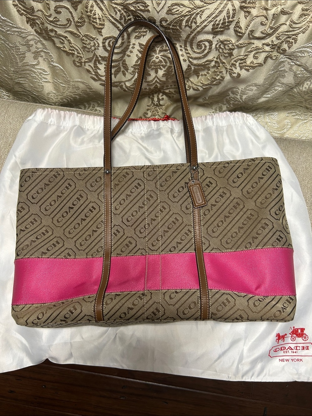 Coach Brown Monogram Tote with Hot Pink Stripe